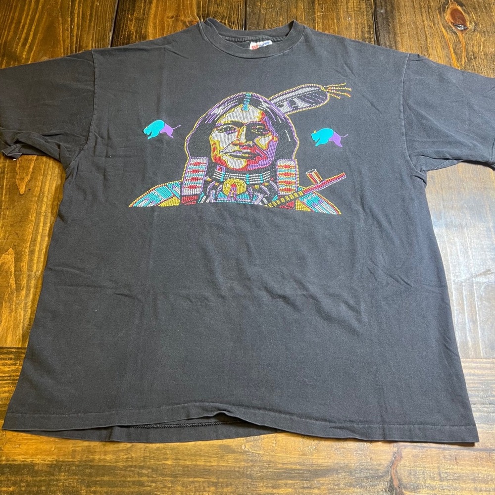 Vintage 90s Hanes Beefy-T Native American Chief Buffalo Graphic T-Shirt XL Black
